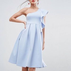 𝅺NWOT ASOS Ruffle One Shoulder Scuba Midi Dress - Blue